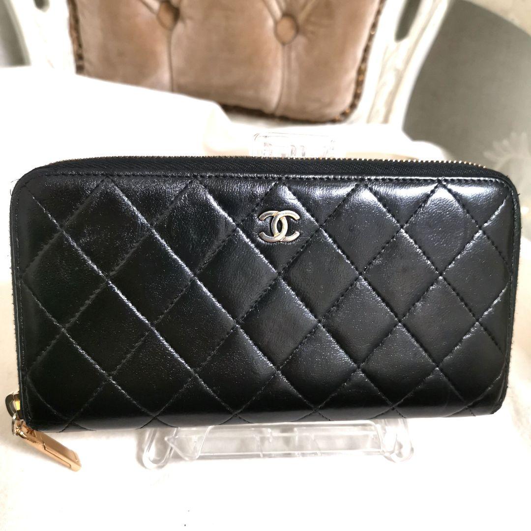 チョコ!シャネルCHANELラウンドファスナー長財布ココマーク黒マトラッセ
