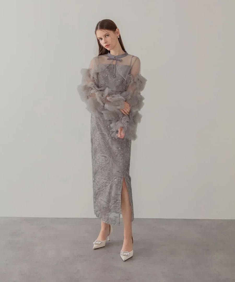 フリルチュールスリーブリボンIラインワンピースドレス結婚式二次会成人式パーティー