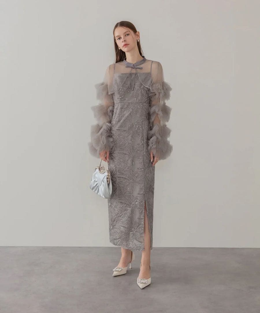 フリルチュールスリーブリボンIラインワンピースドレス結婚式二次会成人式パーティー