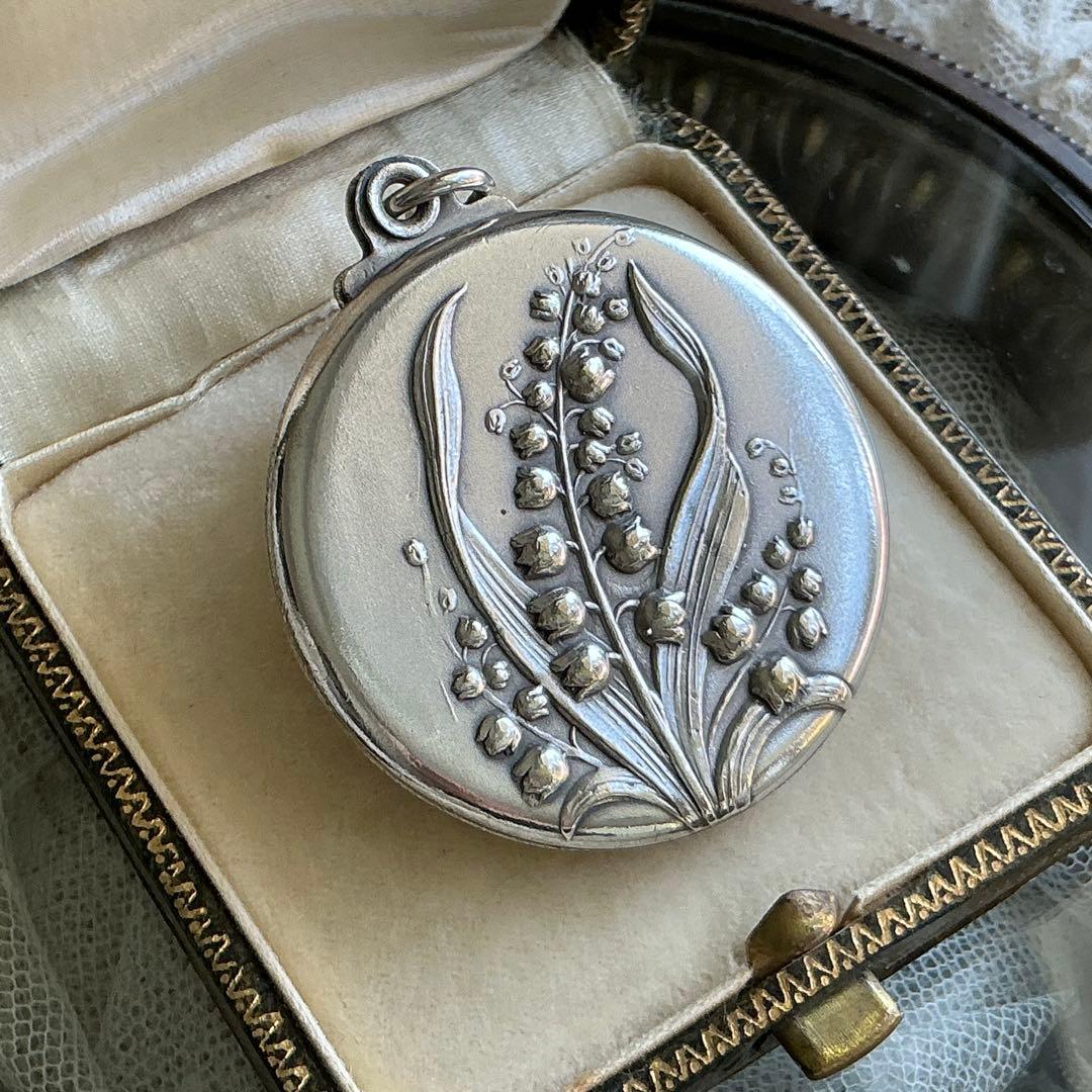 フランスアンティーク　すずらん　ミラー付きペンダントトップ　シャトレーン　鈴蘭