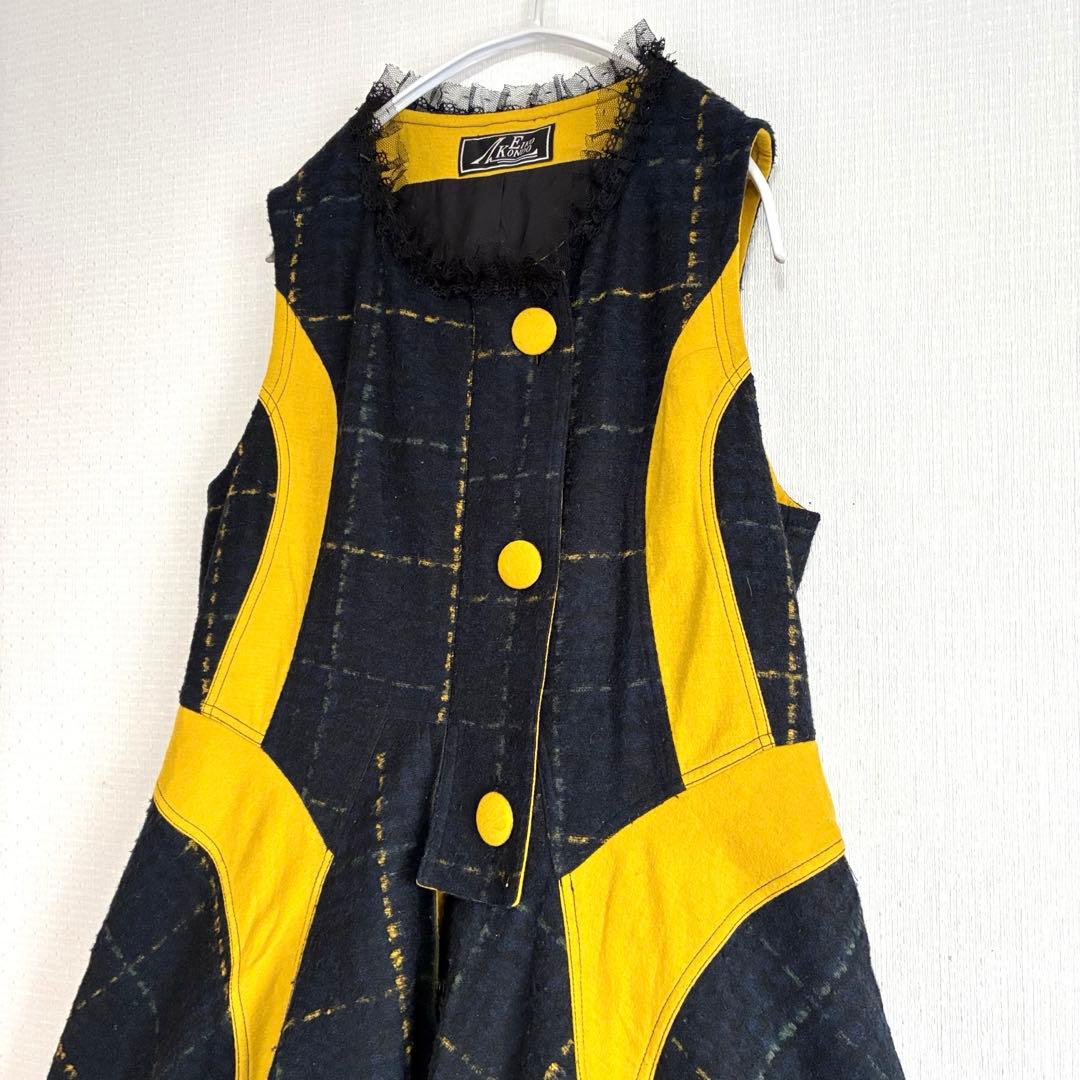 エイココンドウ 　ロングジレ　ワンピース　チェック柄　レース　秋冬　ジップアップ