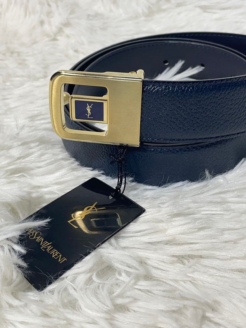 美品 イヴサンローラン 本革　レザーベルト 紺 ゴールド金具 レディース