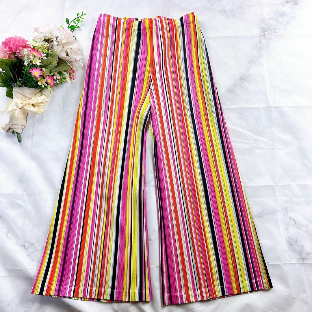 極美品✨PLEATS PLEASE パンツ マルチストライプ マルチカラー 総柄