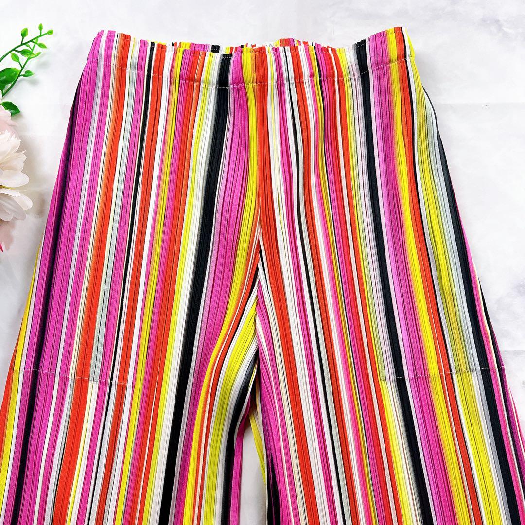 極美品✨PLEATS PLEASE パンツ マルチストライプ マルチカラー 総柄