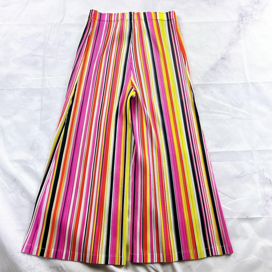 極美品✨PLEATS PLEASE パンツ マルチストライプ マルチカラー 総柄