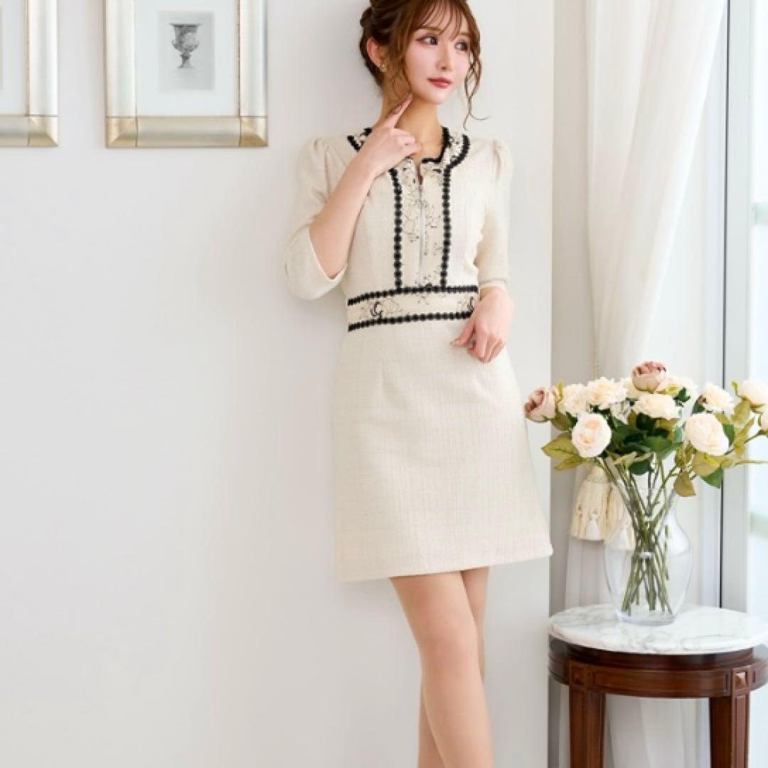 【まろん】SOBRE★レース切り替えツイードワンピース