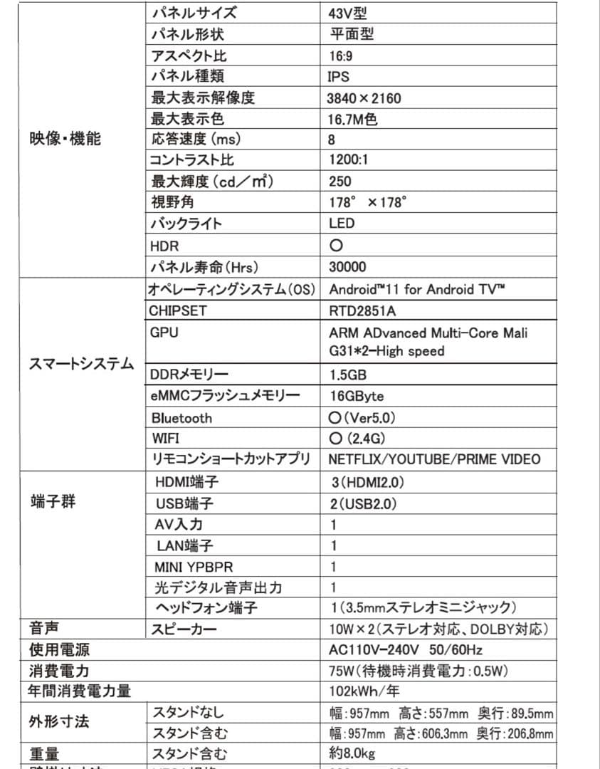 ASTEX AI-S43K 43型 引き取り限定 チューナーレス スマートテレビ
