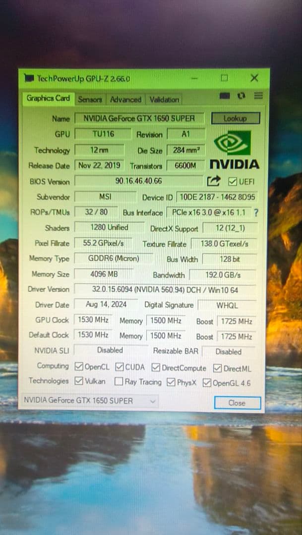 MSI GTX 1650 SUPER AERO 4G動作確認済み