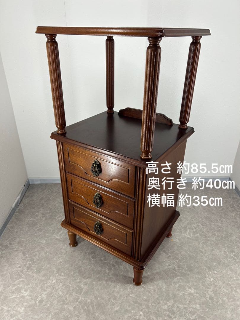 送料込み【木製電話台 サイドテーブル3段引き出し付き 高さ 約85.5cm】