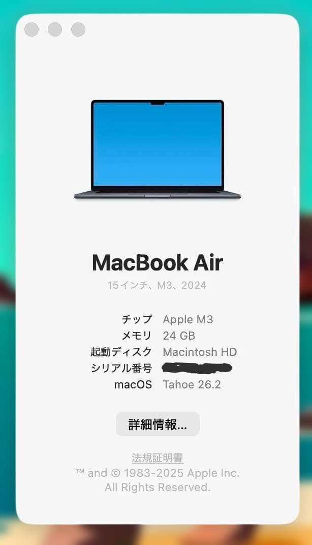 Macbook Air M3/24GB/1TB/15インチ
