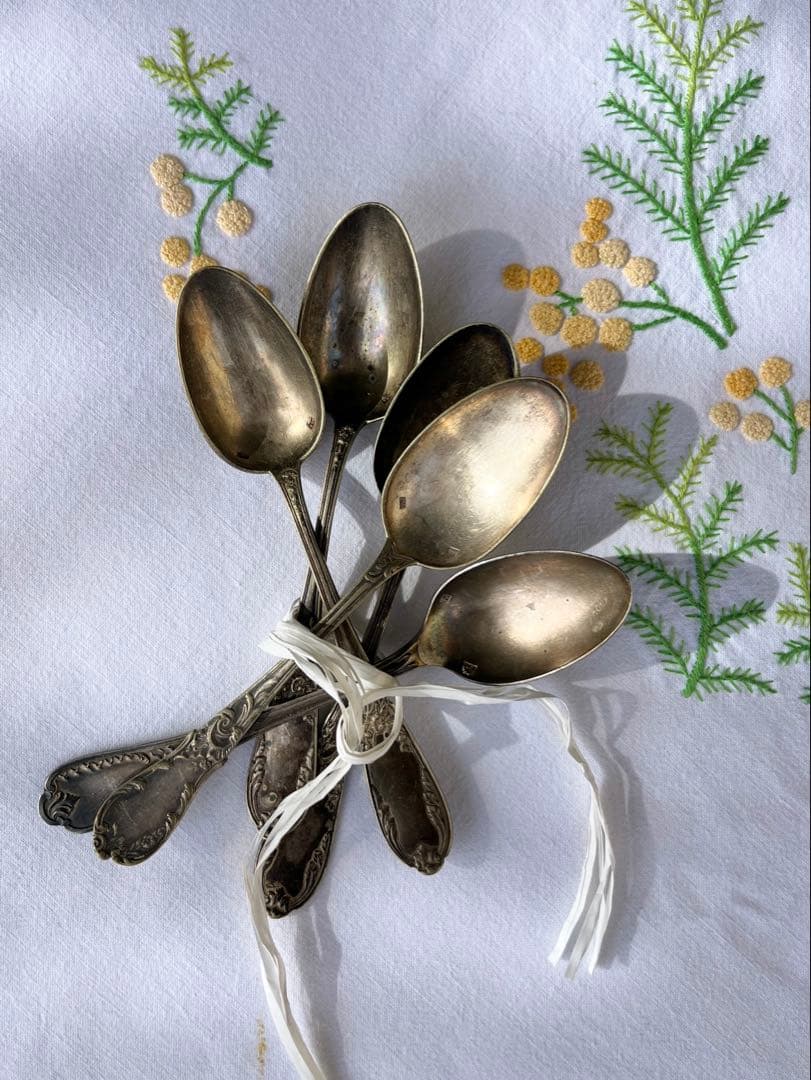 ◆最終SALE◆フランスアンティーク銀5本刻印ティースプーンデザート白銀シルバー