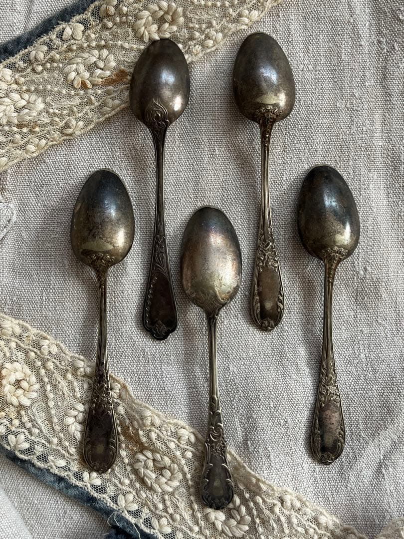 ◆最終SALE◆フランスアンティーク銀5本刻印ティースプーンデザート白銀シルバー