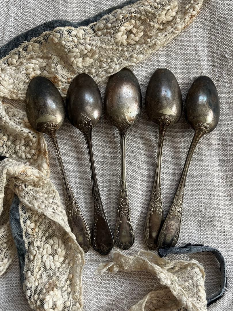 ◆最終SALE◆フランスアンティーク銀5本刻印ティースプーンデザート白銀シルバー