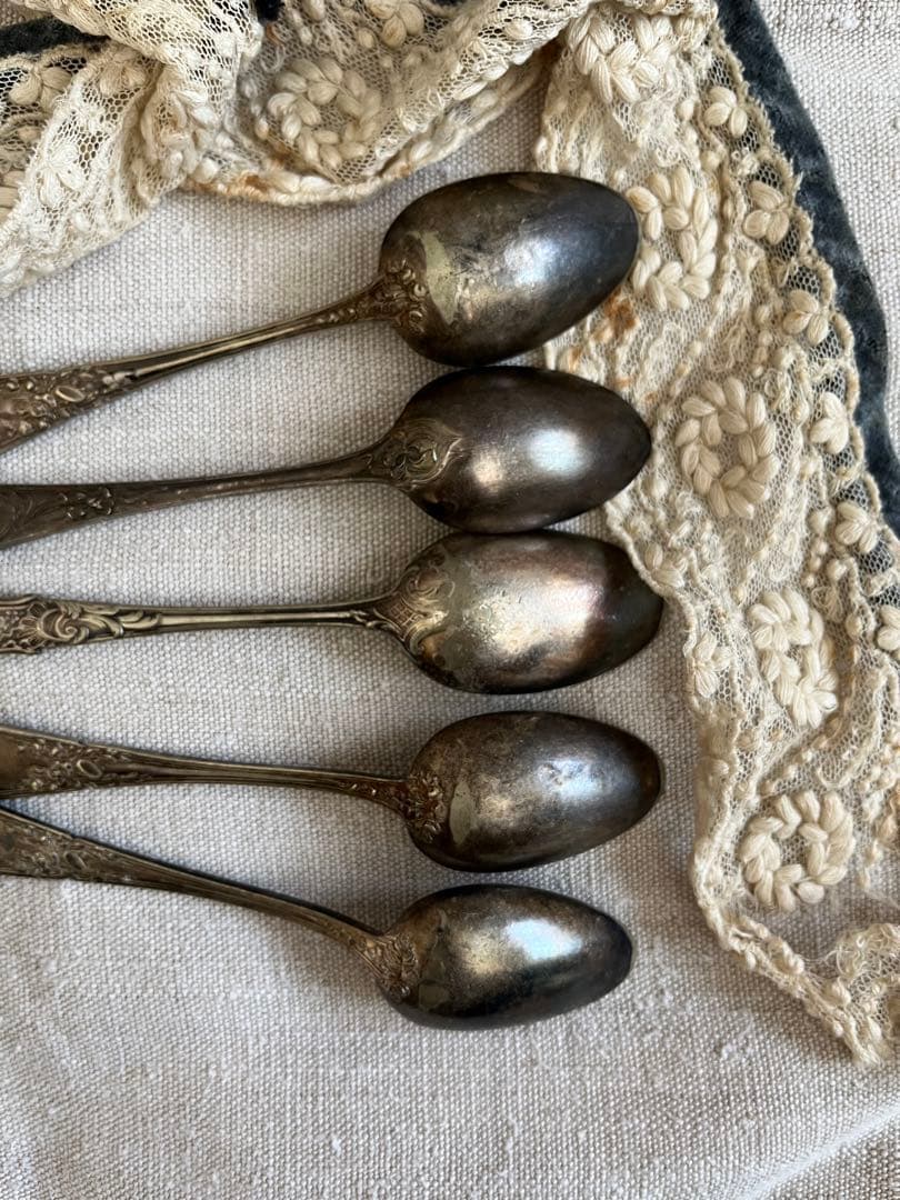 ◆最終SALE◆フランスアンティーク銀5本刻印ティースプーンデザート白銀シルバー