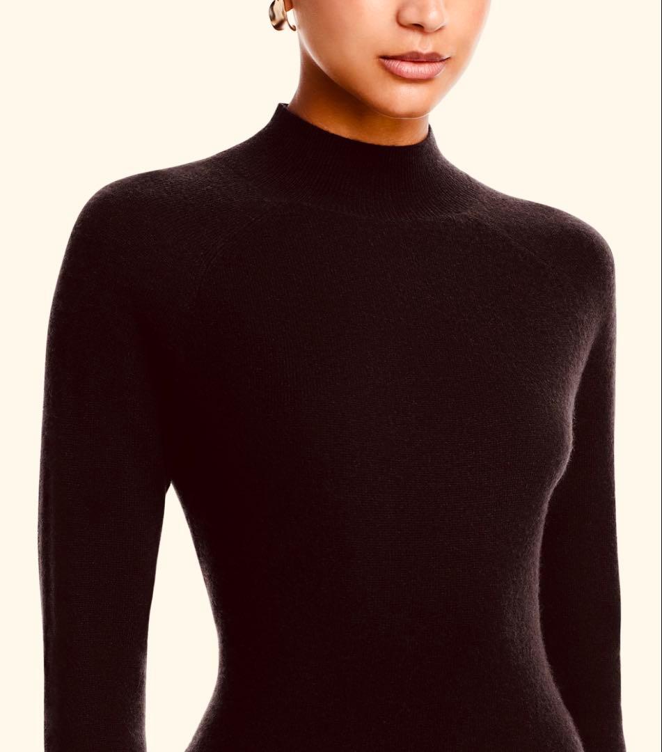 カシミヤ100%❤️モックネックAラインワンピースドレス❤️ダークブラウン