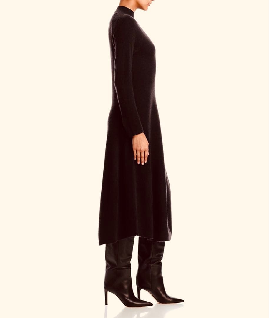 カシミヤ100%❤️モックネックAラインワンピースドレス❤️ダークブラウン