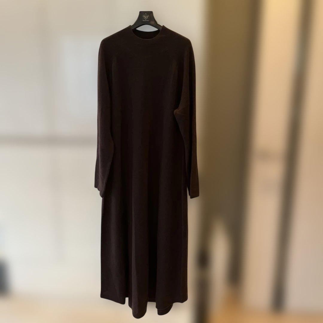 カシミヤ100%❤️モックネックAラインワンピースドレス❤️ダークブラウン
