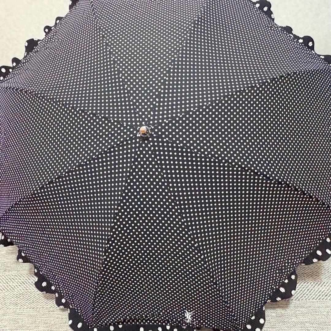 イヴ・サンローラン　ドットフリル晴雨兼用折りたたみ傘　ブラック