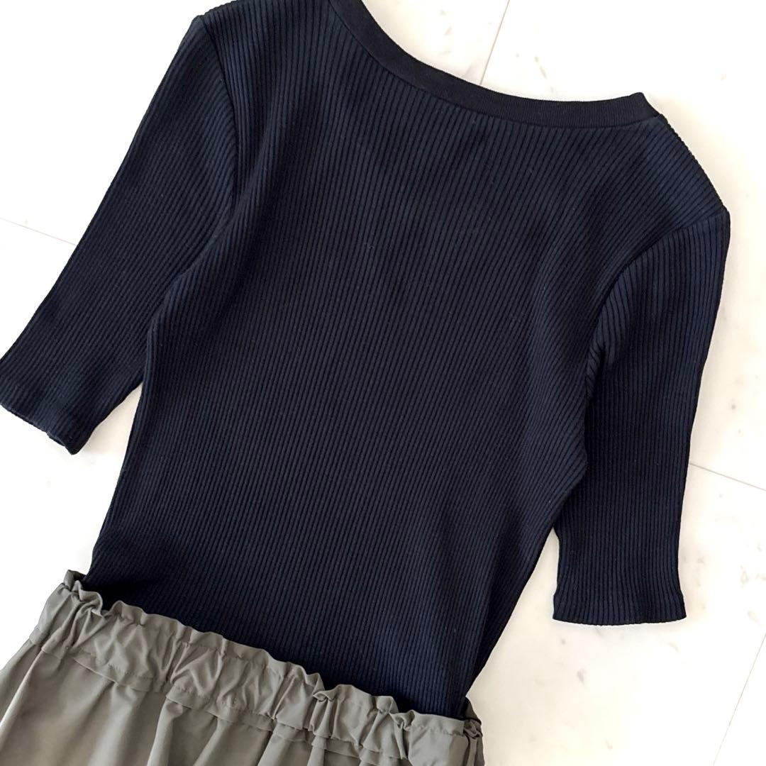 美品 ランバンオンブルー ロゴテープワンピース ブラック × カーキ 38 M