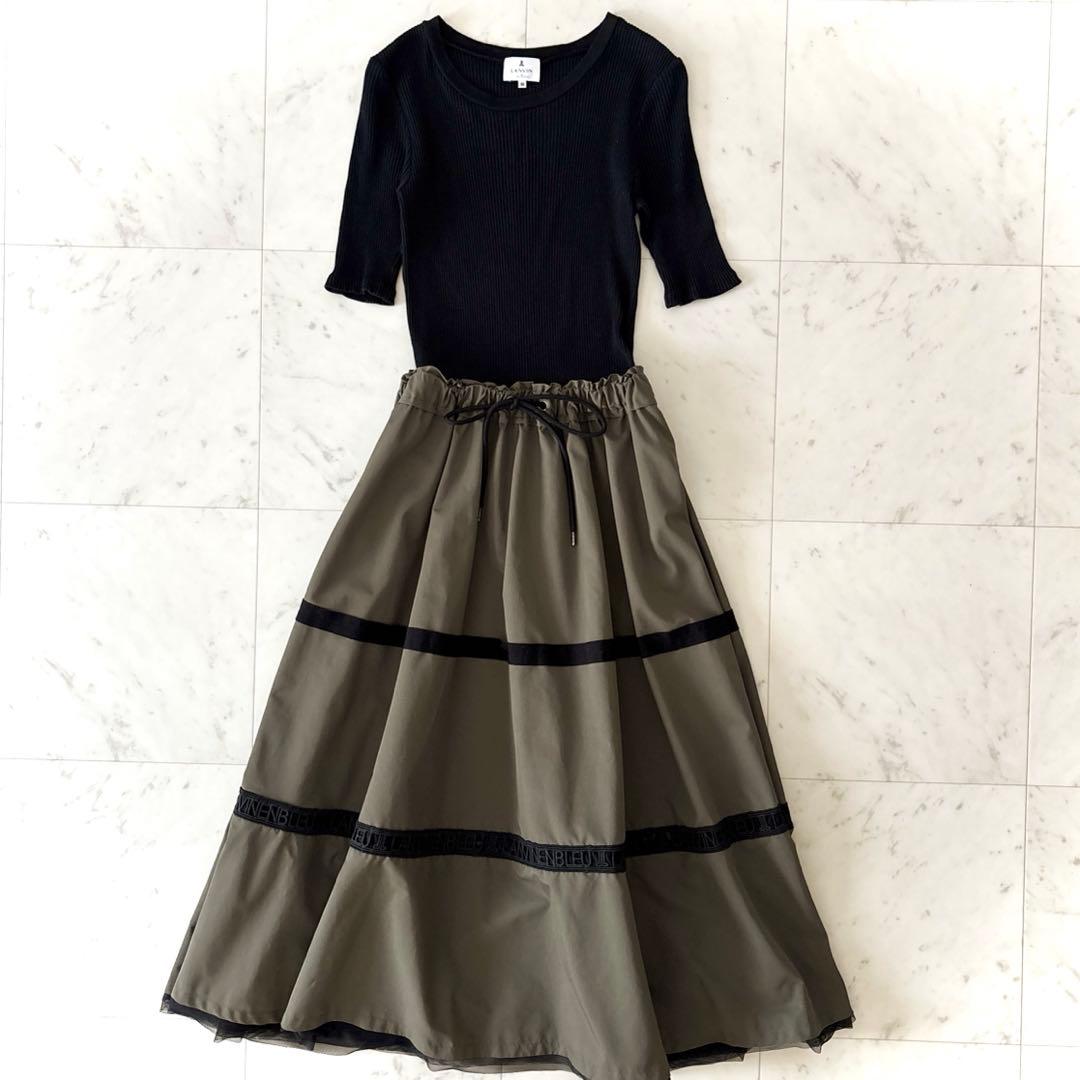 美品 ランバンオンブルー ロゴテープワンピース ブラック × カーキ 38 M