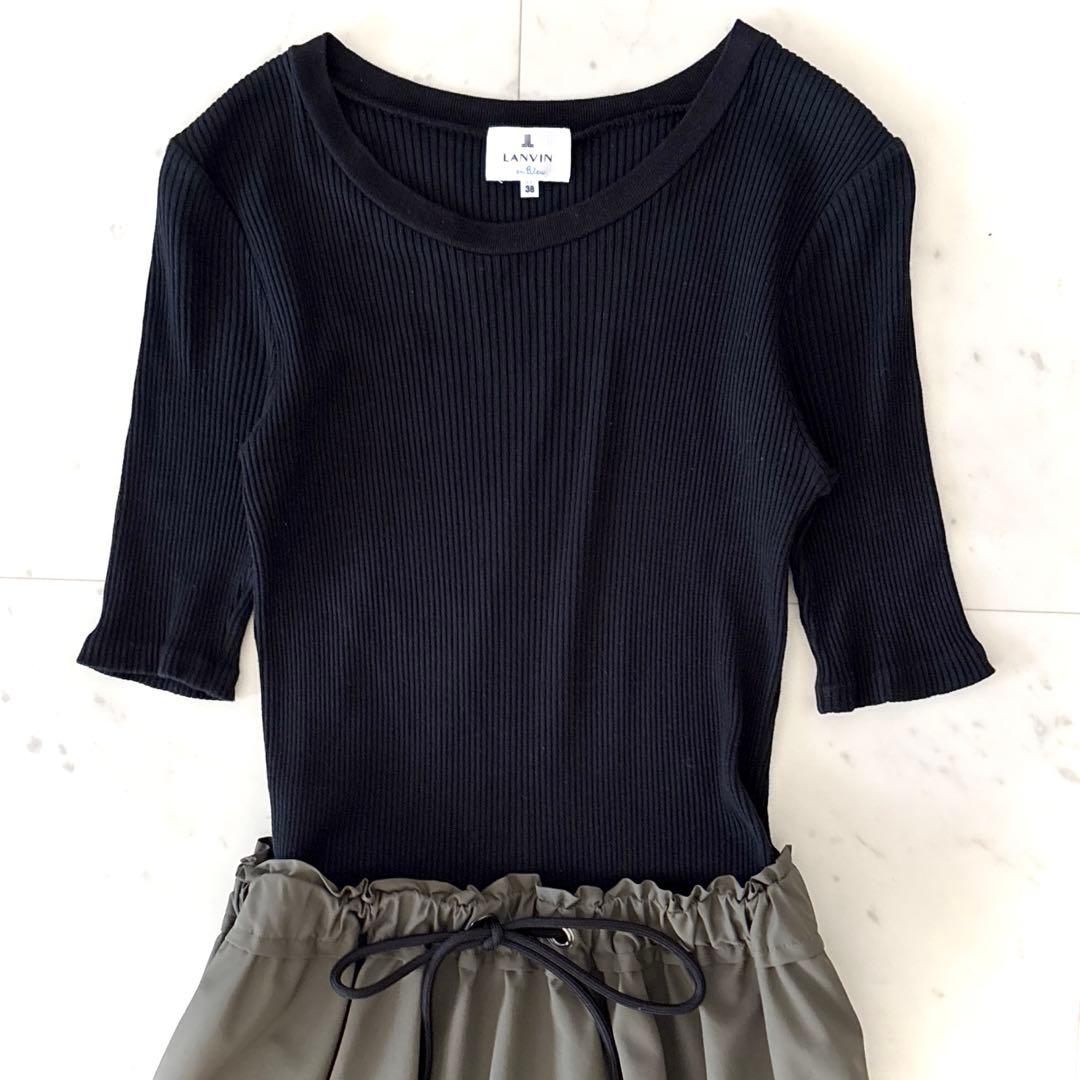 美品 ランバンオンブルー ロゴテープワンピース ブラック × カーキ 38 M