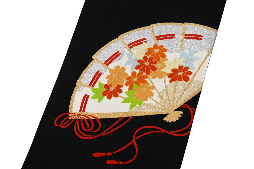 お正月値値下げセール！！新品 織八寸名古屋帯 松葉仕立 黒地 扇面多色花紅葉文様