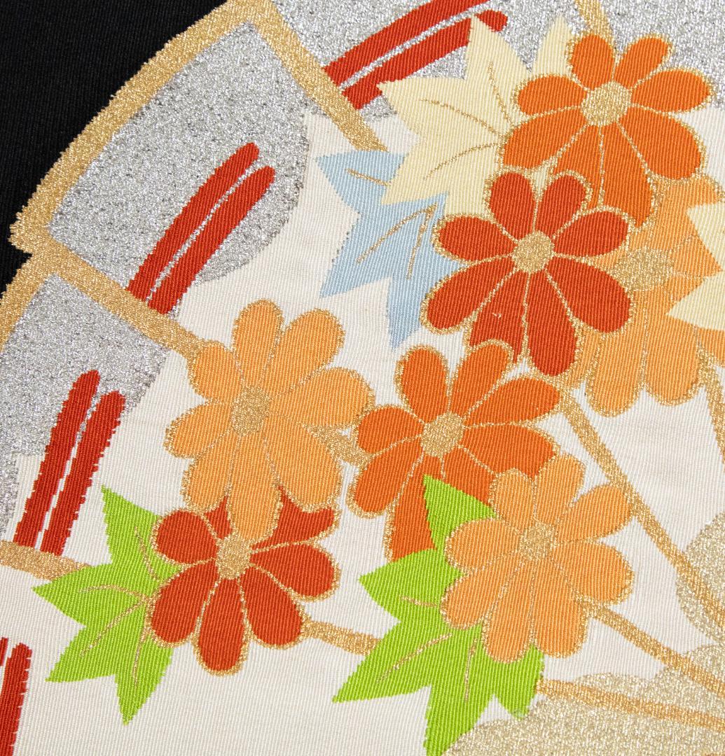 お正月値値下げセール！！新品 織八寸名古屋帯 松葉仕立 黒地 扇面多色花紅葉文様