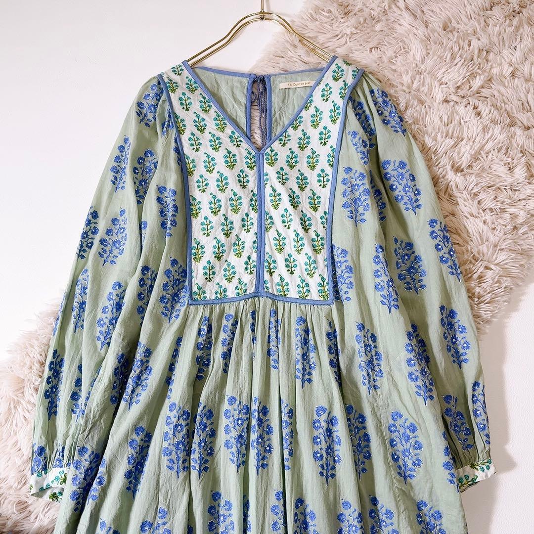 極美品ꕥヌキテパ 完売色 コットンボイルエスニックプリントギャザードレス M