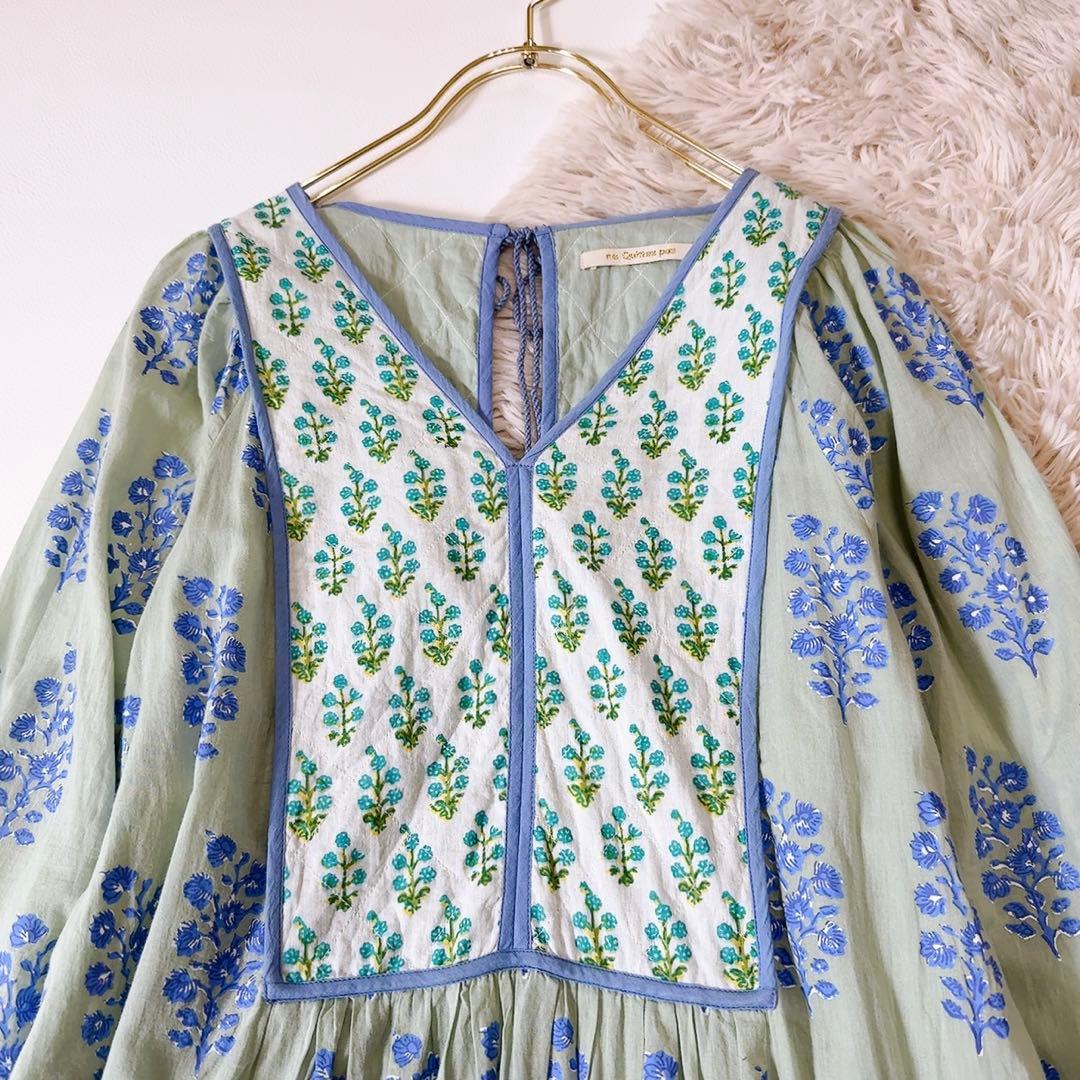 極美品ꕥヌキテパ 完売色 コットンボイルエスニックプリントギャザードレス M