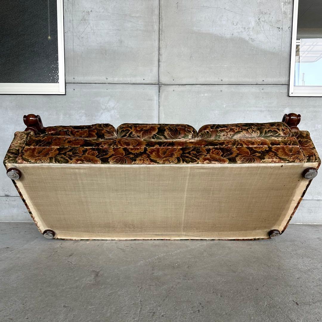 ✦70s✦ karimoku ソファー 花柄ベルベット × 重厚ウッドアーム