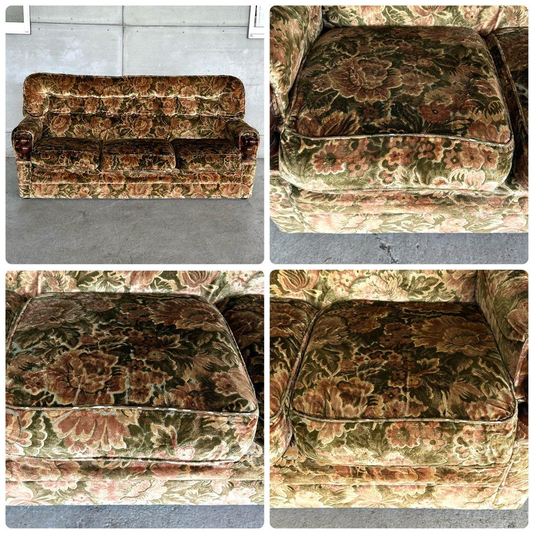 ✦70s✦ karimoku ソファー 花柄ベルベット × 重厚ウッドアーム