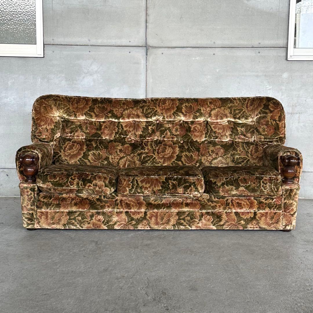 ✦70s✦ karimoku ソファー 花柄ベルベット × 重厚ウッドアーム