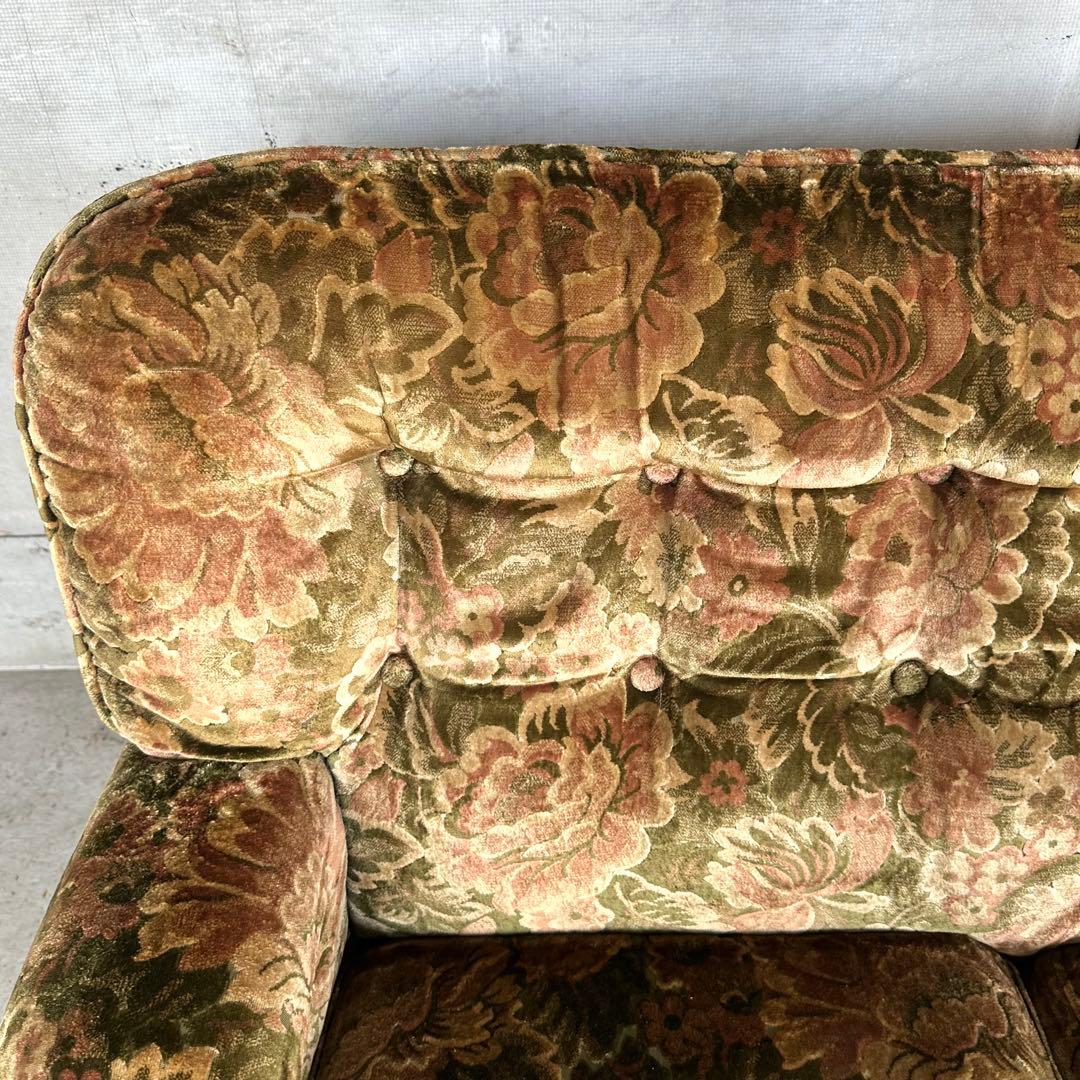 ✦70s✦ karimoku ソファー 花柄ベルベット × 重厚ウッドアーム