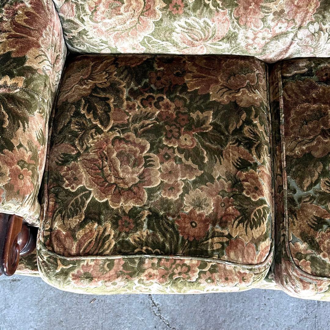 ✦70s✦ karimoku ソファー 花柄ベルベット × 重厚ウッドアーム