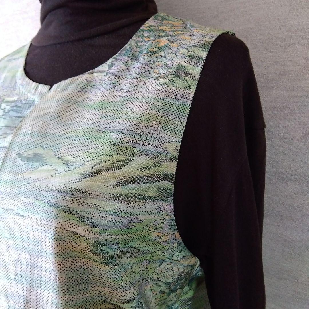 2026J014 着物リメイク　淡いグリーン系の大島紬　ジャンパースカート