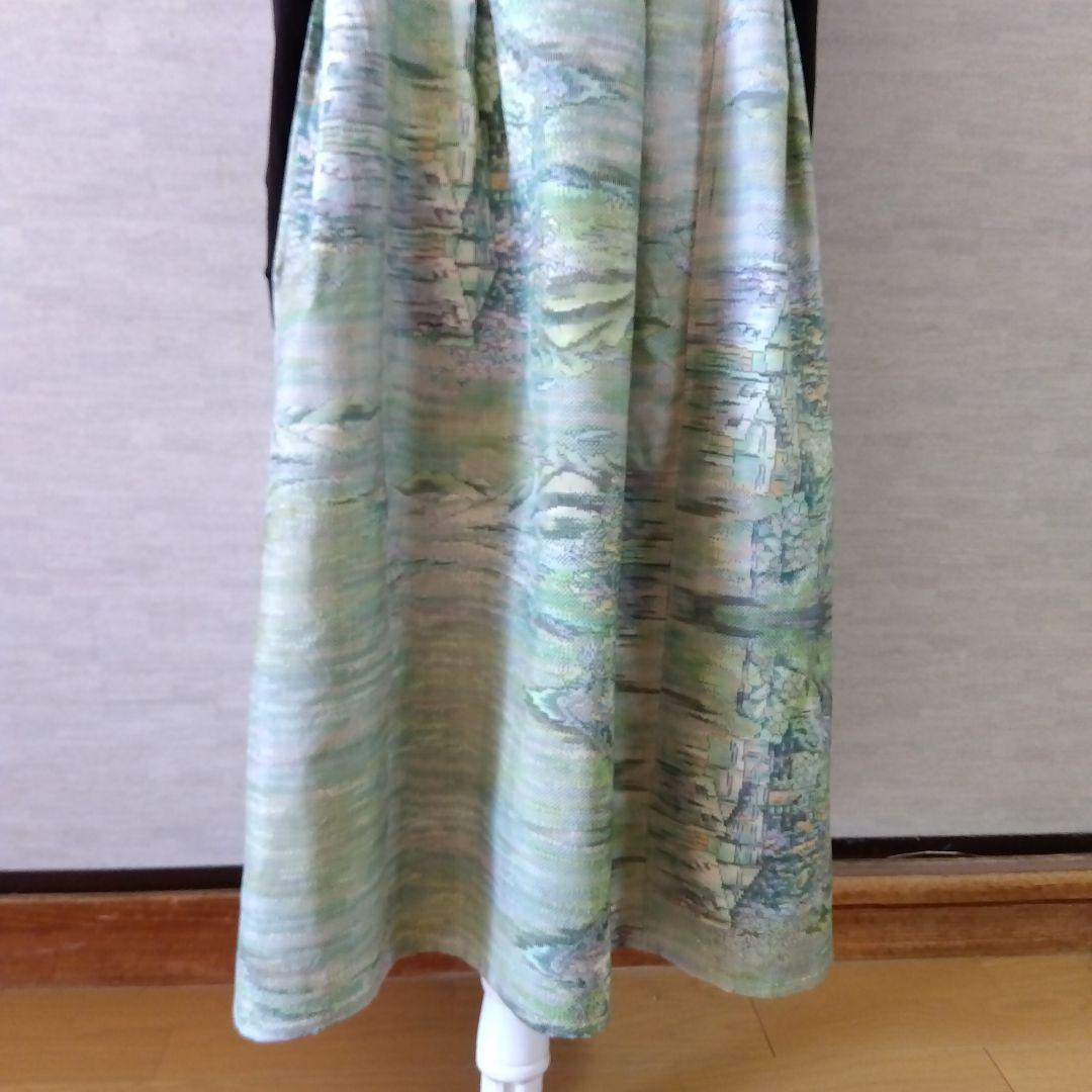 2026J014 着物リメイク　淡いグリーン系の大島紬　ジャンパースカート