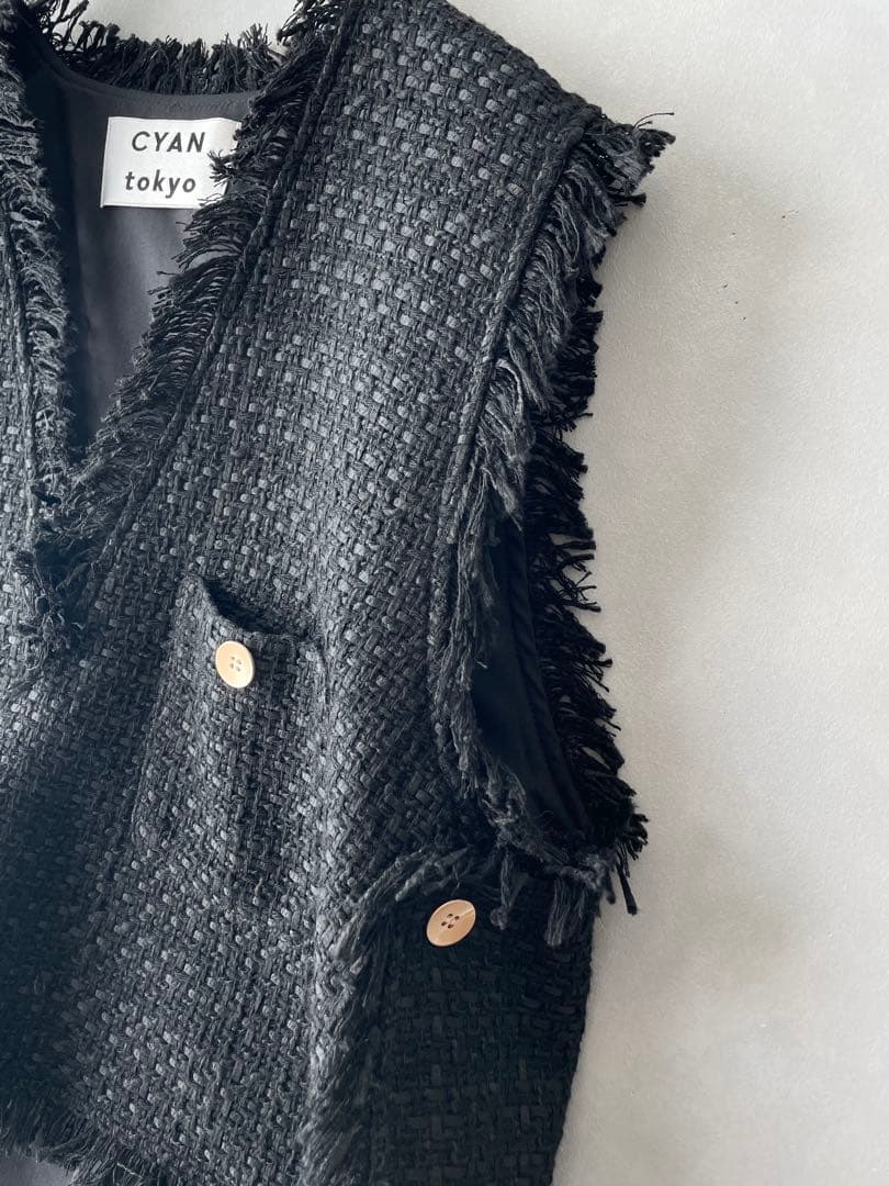 美品✨シアントーキョー　ツイードフリンジ　ベスト　ジレ　黒　クロプド丈