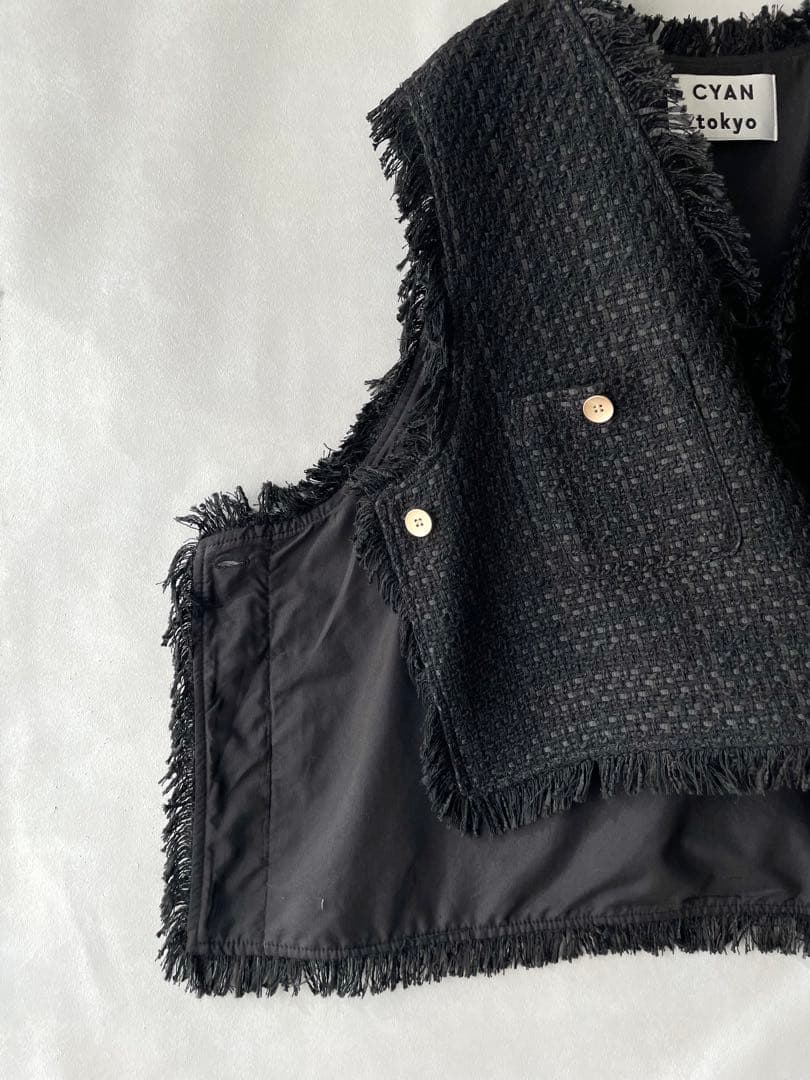 美品✨シアントーキョー　ツイードフリンジ　ベスト　ジレ　黒　クロプド丈