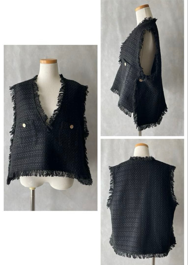 美品✨シアントーキョー　ツイードフリンジ　ベスト　ジレ　黒　クロプド丈