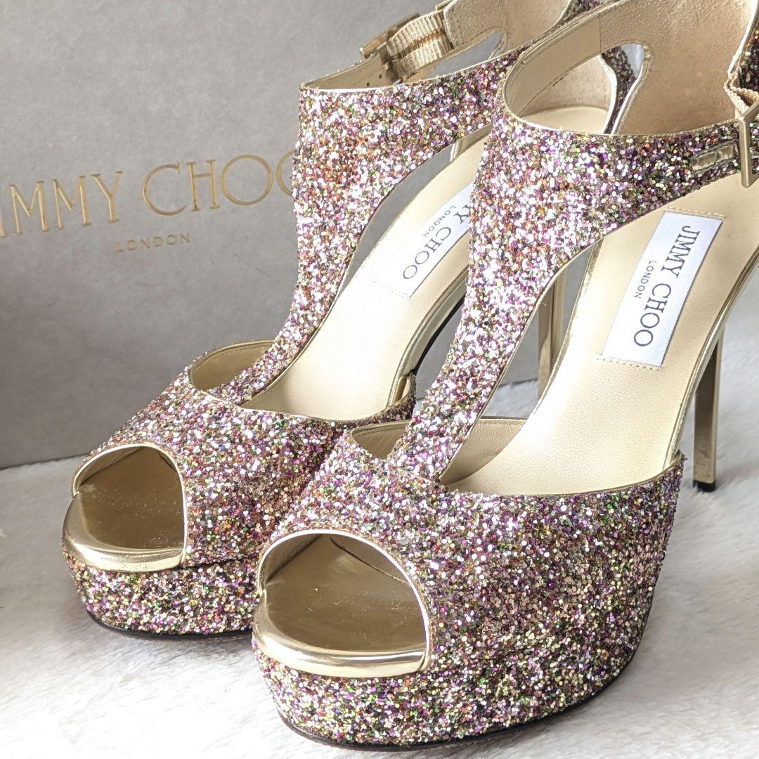 ✨JIMMY CHOO✨Tストラップ グリッターサンダル 37½
