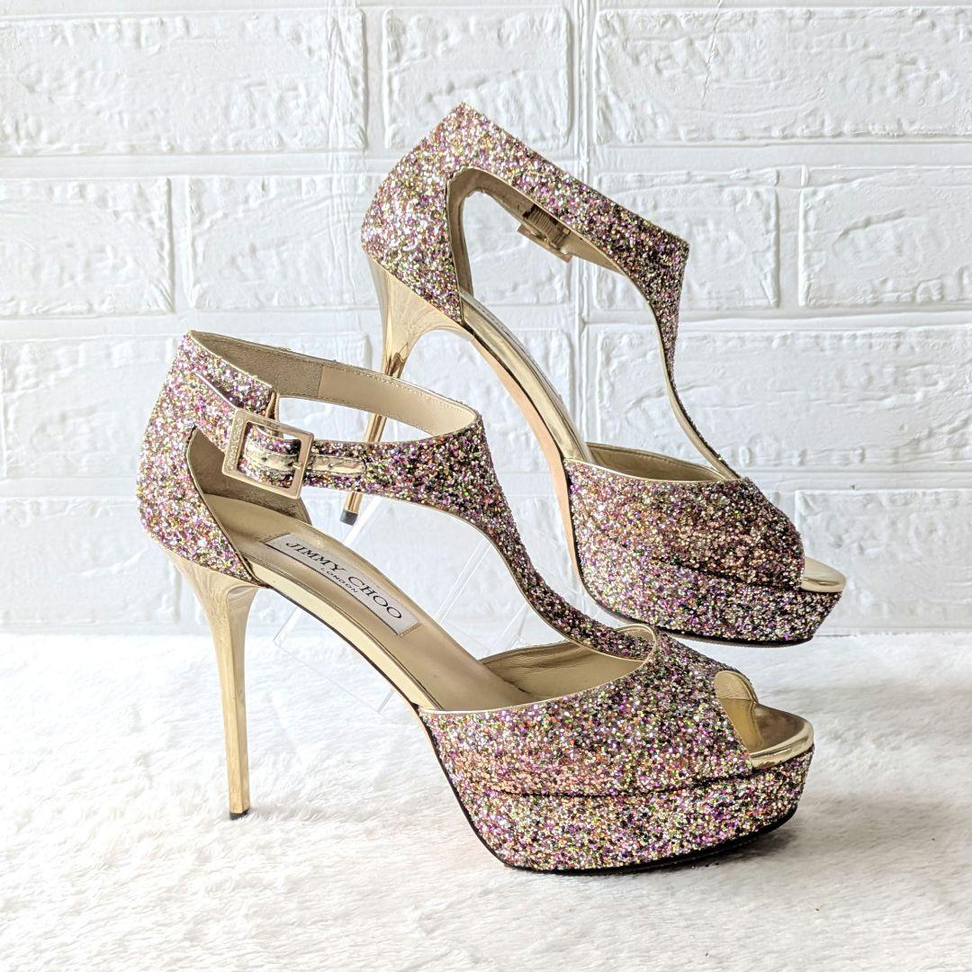 ✨JIMMY CHOO✨Tストラップ グリッターサンダル 37½