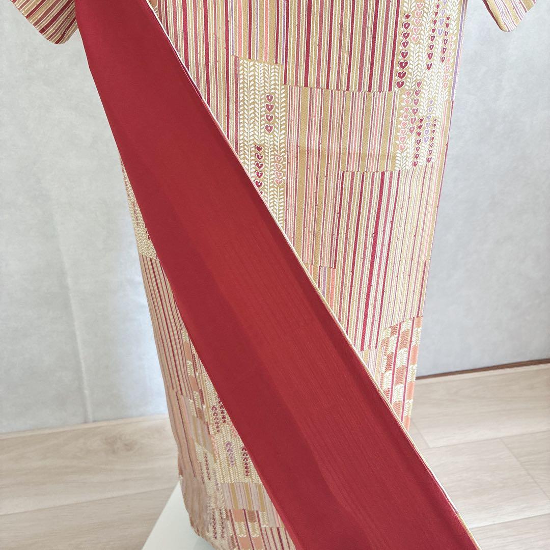 小紋　フルセット　着物　正絹　しつけ糸付き　ストライプ　温もり縞　民芸調　N2