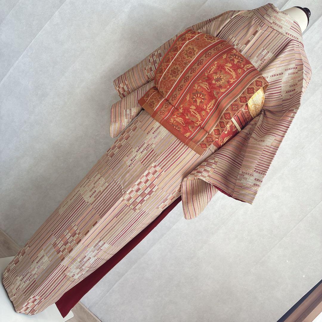 小紋　フルセット　着物　正絹　しつけ糸付き　ストライプ　温もり縞　民芸調　N2