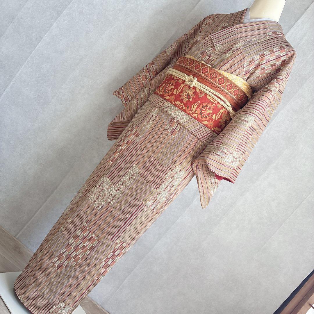 小紋　フルセット　着物　正絹　しつけ糸付き　ストライプ　温もり縞　民芸調　N2