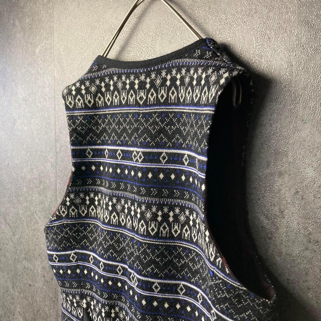 ヴィンテージ　ニットベスト　紺　総柄　裏地　デザイン　古着　レトロ