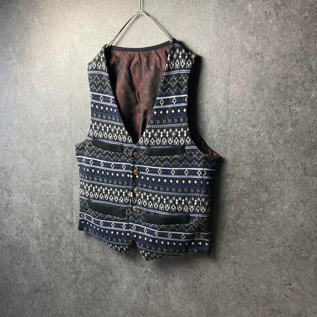 ヴィンテージ　ニットベスト　紺　総柄　裏地　デザイン　古着　レトロ