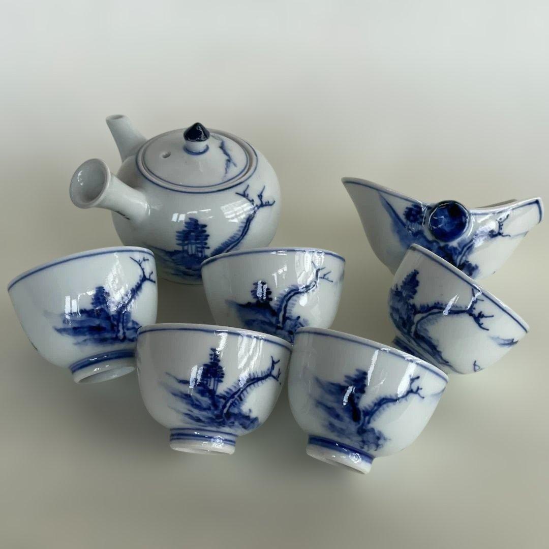 京焼 高橋 道八 華中亭 四代目 煎茶 急須 セット 染付 山水 茶道具 美品