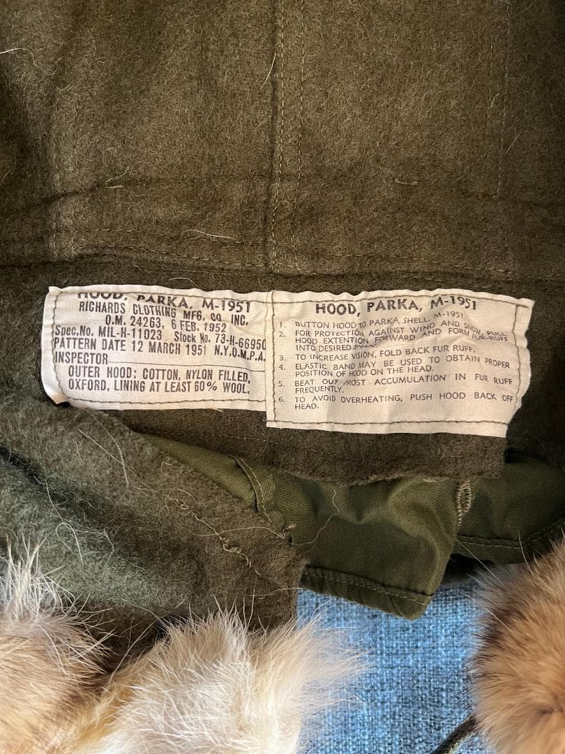 【希少】米軍実物 M51 M65 コヨーテファー フード 1952