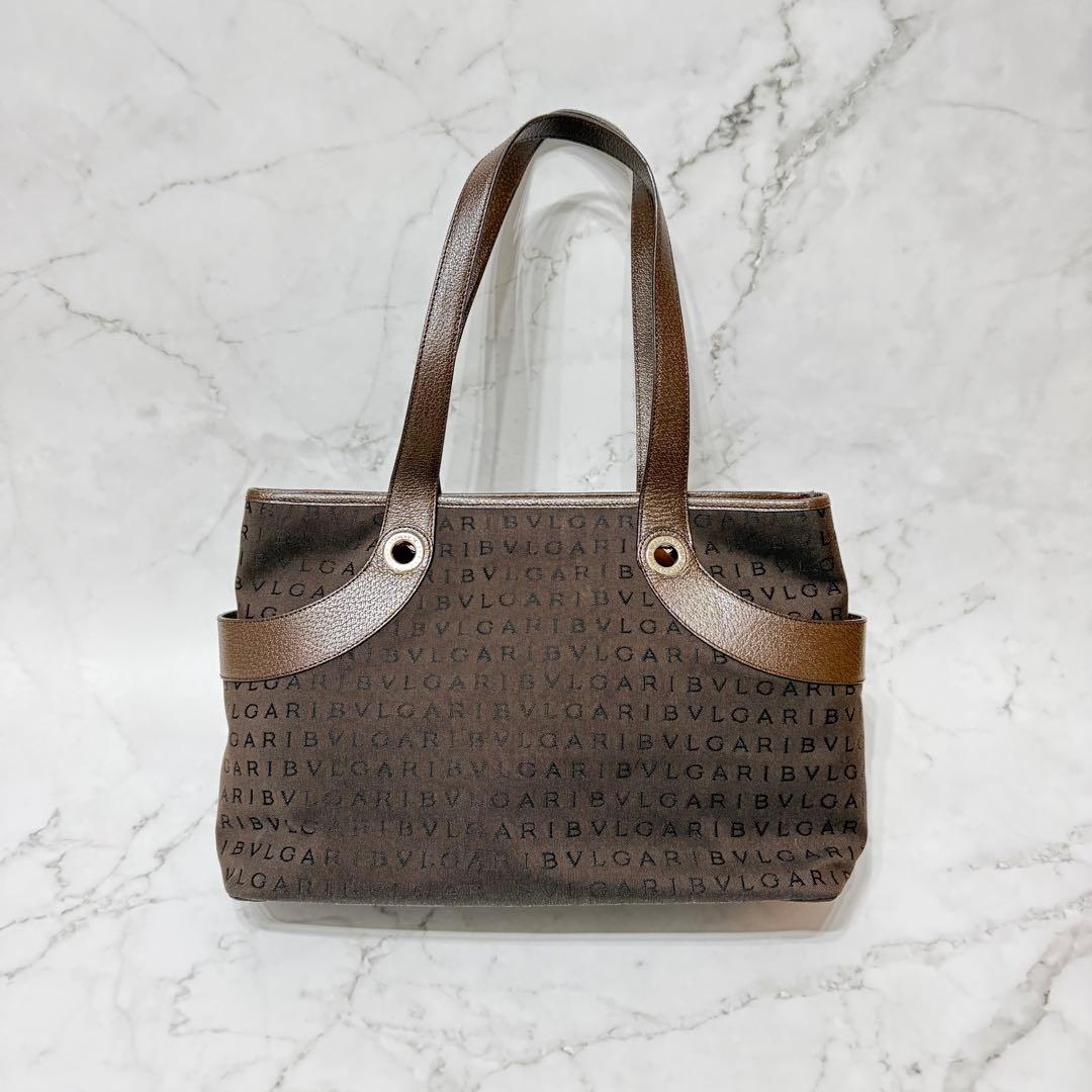 【美品】 BVLGARI ロゴマニア レザーハンドル トート ショルダーバッグ