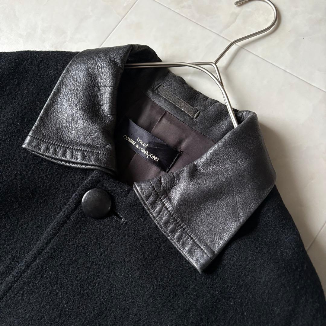 tricot COMME des GARCONS 襟レザーウールコート 黒L相当